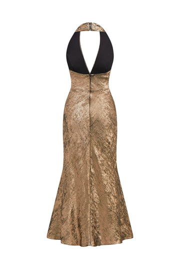 Gyllene Halter Neck Sjöjungfru Satin Midi Cocktail Klänning
